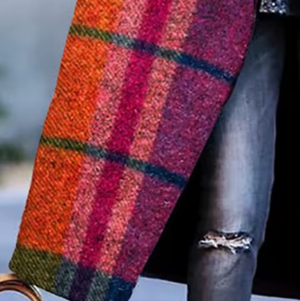 Women's Tweed Coat Contrast Color Plaid Loose Fit Outerwears Fall And Winter - Picture 3 of 6